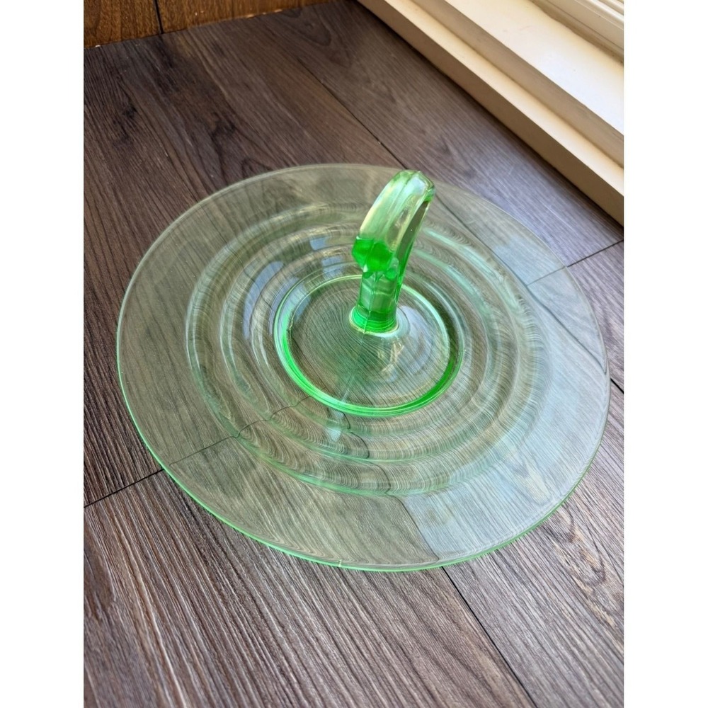 Vintage Green Uranium Depression Glass Sandwich Tray with Center Handle